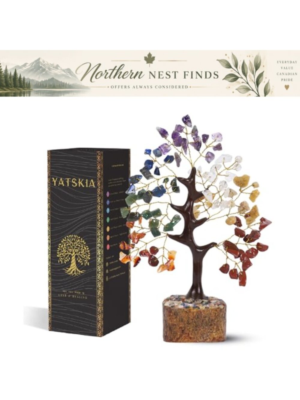 7 Chakra Crystal Tree of Life Healing Stones Feng Shui Decor Natural Wooden Base